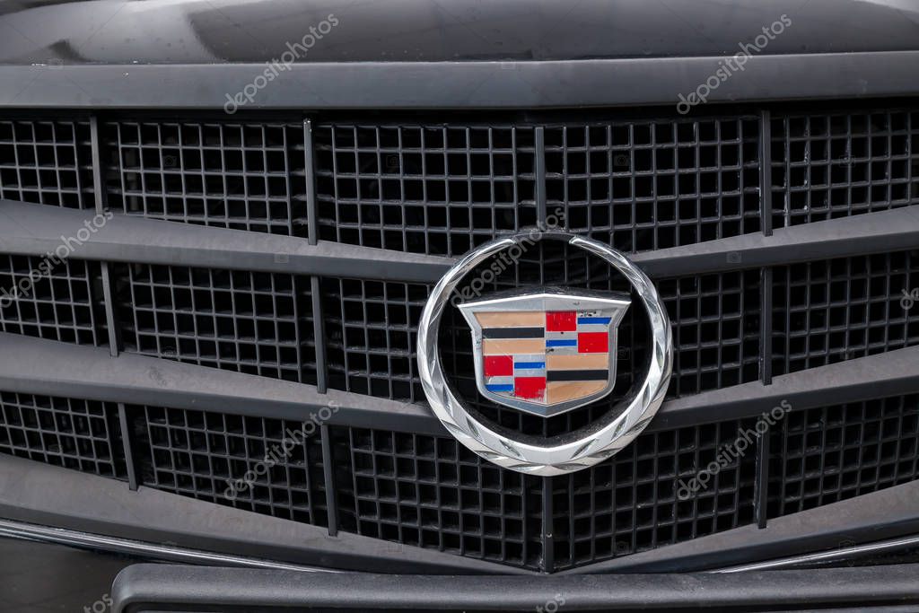 Novosibirsk, Russia - 08.01.2018: Emblem of Cadillac CTS in black color after cleaning before sale