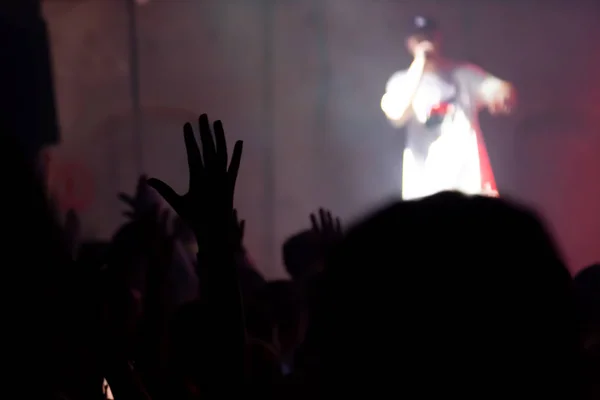 Pubblico con le mani alzate ad un festival musicale con luci colorate — Foto Stock