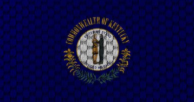 Kentucky 'nin ulusal bayrağı, bağımsızlık gününde farklı mavi ve sarı renklerde dikişli gri bir tekstil kumaşına karşı. Kıyafet ve endüstri.