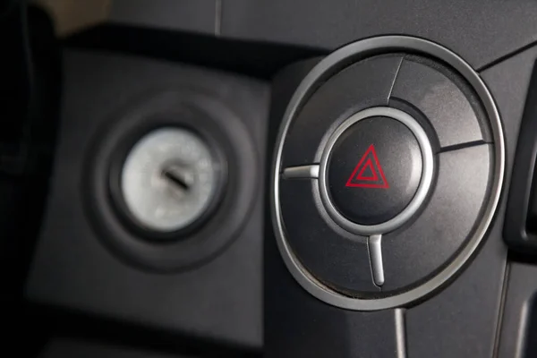 Close Emergency Button Red Triangle Icon Car Plastic Dashboard Problem — Stock Photo, Image