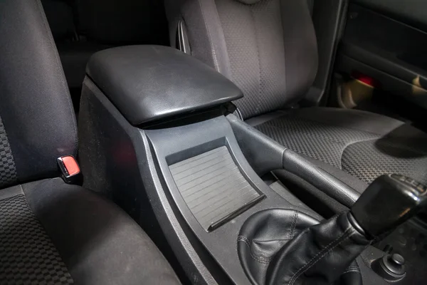 Interieur Zicht Met Stoffen Stoelen Auto Handschoenenkastje Van Gebruikte Auto — Stockfoto