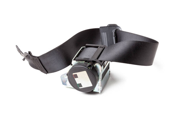 Spare part and interior element black seat belt from a car on a white isolated background. Auto service industry.