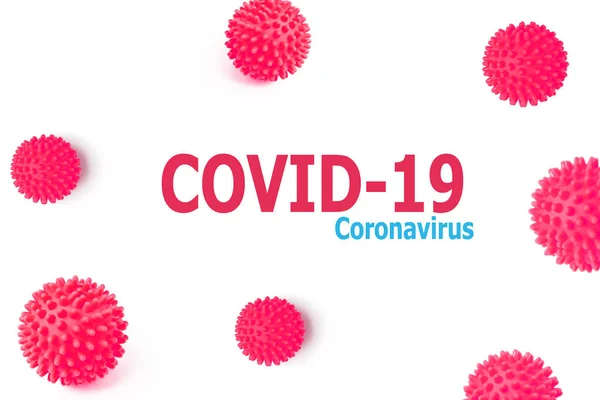 Inscrição Covid Coronavirus Fundo Isolado Branco Com Bolas Vermelhas Manchadas — Fotografia de Stock