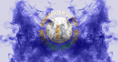 ABD devlet Kentucky Ulusal bayrağı mavi kırmızı ve sarı farklı renklerde bağımsızlık gününde gri bir duman karşı. Politik ve dini anlaşmazlıklar, gümrük ve teslimat.