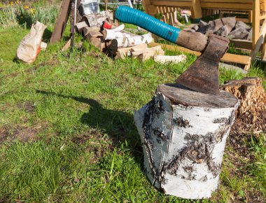 Bir huş ağacının gövdesinden tahta bir deste saplanmış bir balta ve geri sarılmış mavi bir bant sapı ile kesilmiş odun ve yeşil çimenlerin arka planına karşı. İş için kırsal bir araç.