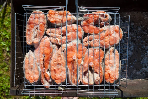Sluitende Steaks Van Rode Smakelijke Vis Rijk Aan Verzadigde Vetzuren — Stockfoto