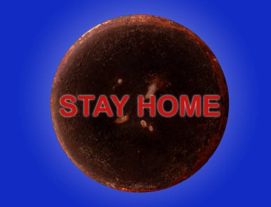 Kırmızı yazıtlar mavi arka planda Venüs gezegeni üzerinde kalıyor. Karantina konsepti uzayda kendini izole etme.