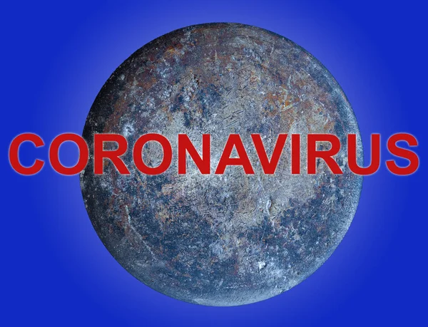 Inscrição Vermelho Coronavirus Sobre Planeta Terra Fundo Azul Conceito Bloqueio — Fotografia de Stock
