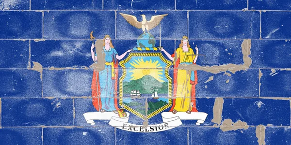 Flaga Narodowa Stanu Nowy Jork Środku Herbu Niebieskim Tle Dniu — Zdjęcie stockowe