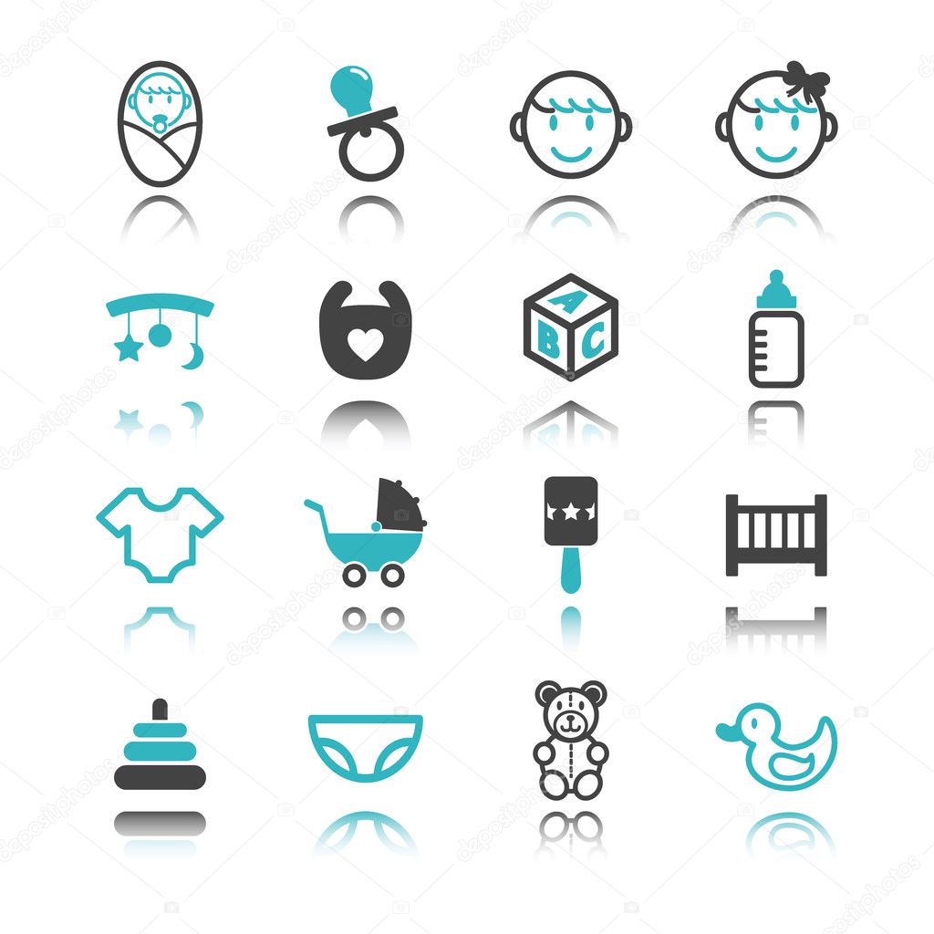 Baby icons with reflection isolated on white background