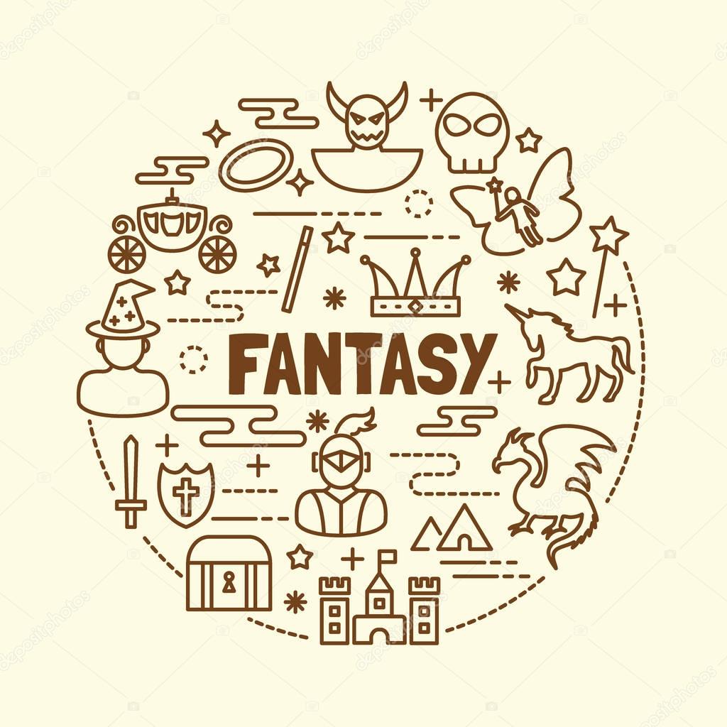 Fantasy minimal thin line icons set, vector illustration design elements