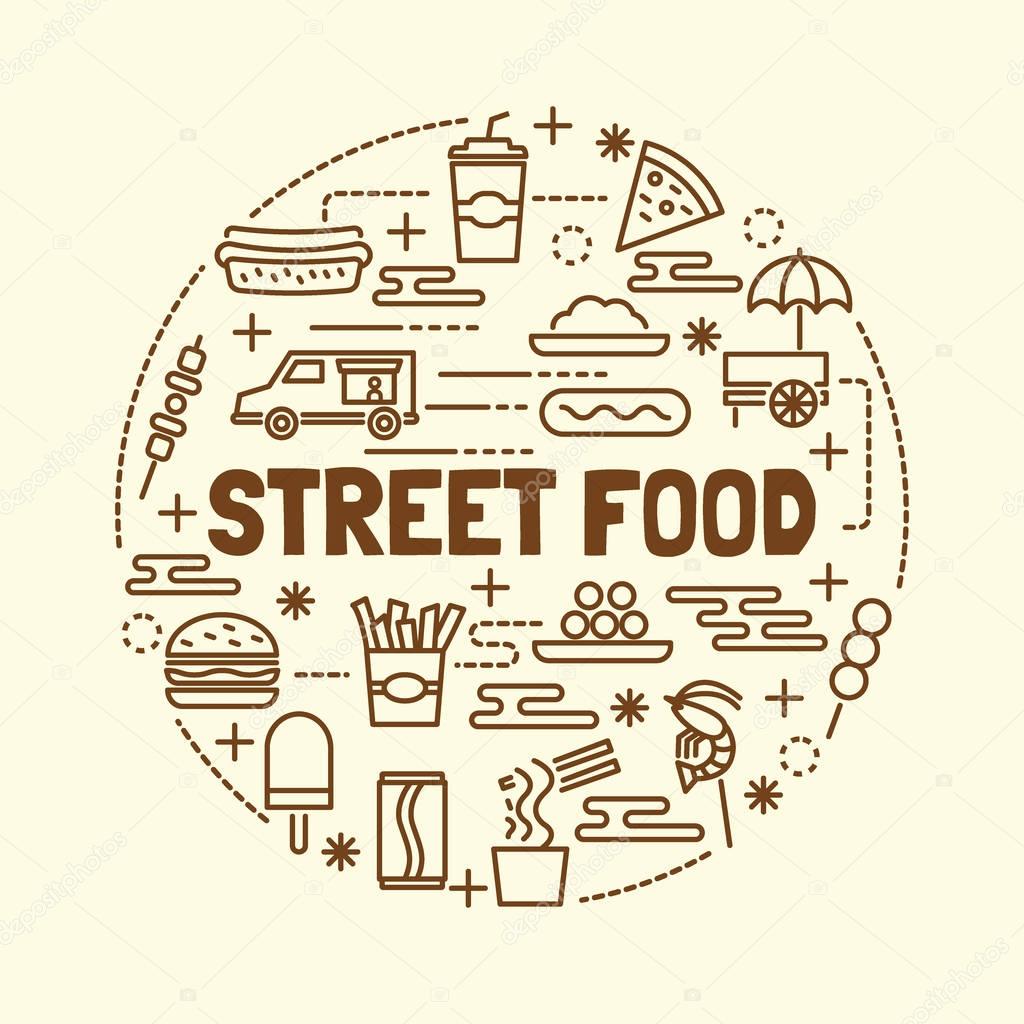 Street food minimal thin line icons set, vector illustration design elements