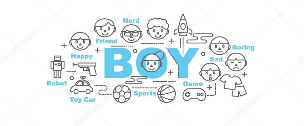 Boy vector banner design concept, flat style with thin line art icons on white backgroun
