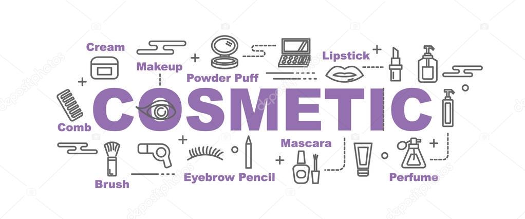 Cosmetic vector banner design concept, flat style with thin line art icons on white backgroun