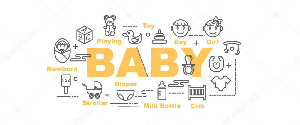 Baby vector banner design concept, flat style with thin line art icons on white backgroun