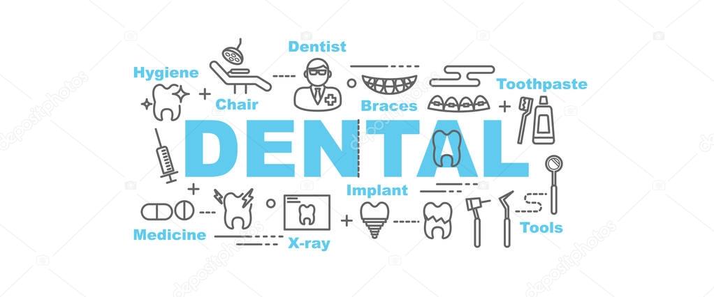 Dental vector banner design concept, flat style with thin line art icons on white backgroun