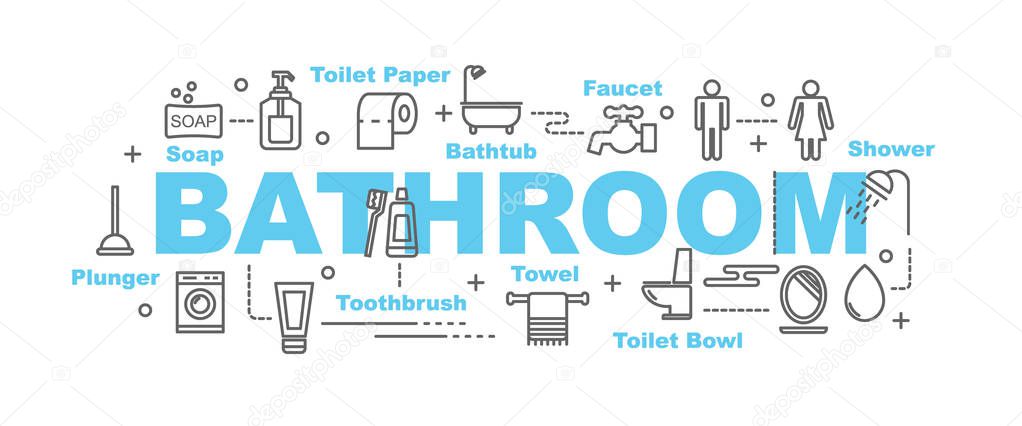 Bathroom vector banner design concept, flat style with thin line art icons on white backgroun