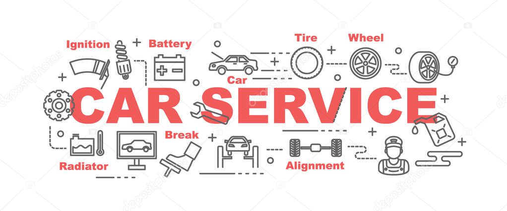 Car service vector banner design concept, flat style with thin line art icons on white backgroun