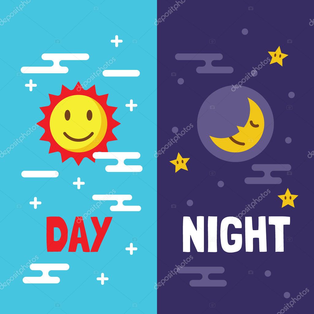 Day and night flat cartoon, vector sun and moon design