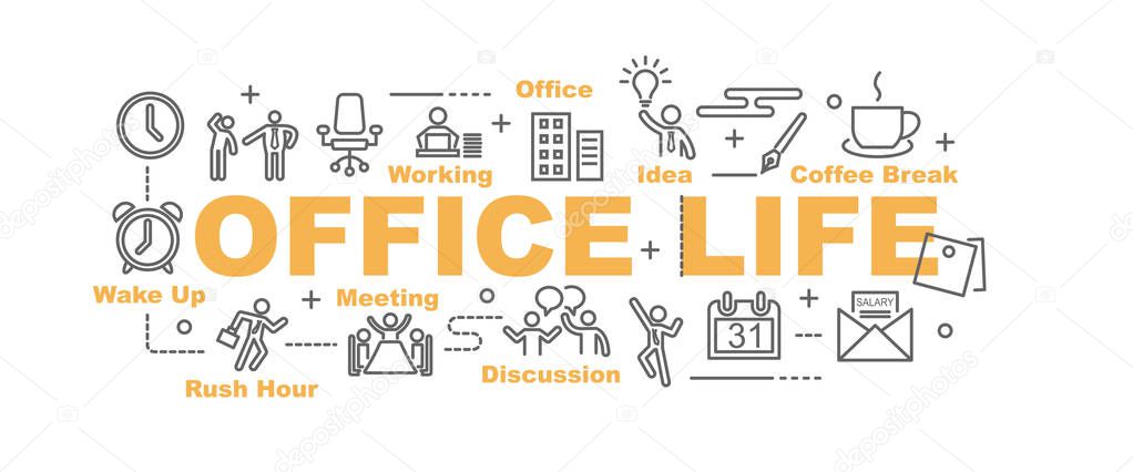 Office life vector banner design concept, flat style with thin line art icons on white backgroun