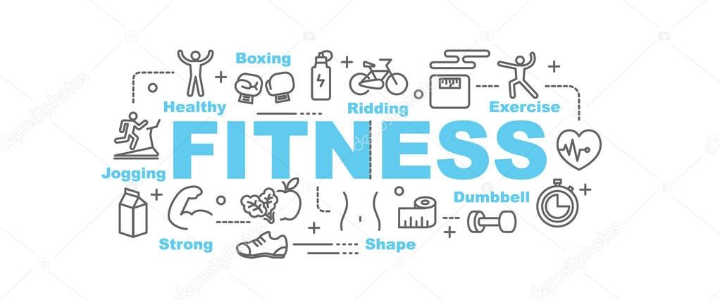 Fitness vector banner design concept, flat style with thin line art icons on white backgroun