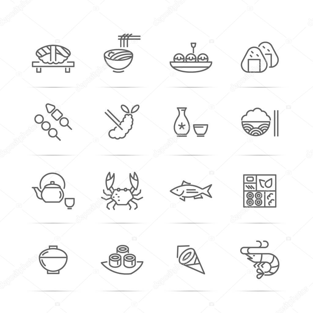 Japanese food vector line icons, minimal pictogram design, editable stroke for any resolution