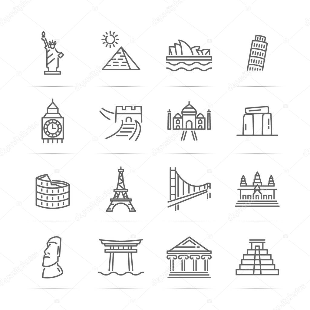 world landmarks vector line icons