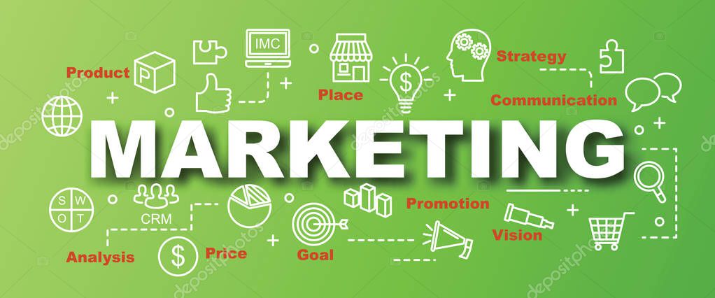 Marketing vector trendy banner design concept, modern style with thin line art business icons on gradient colors backgroun