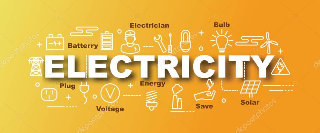 Electricity vector trendy banner design concept, modern style with thin line art icons on gradient colors backgroun