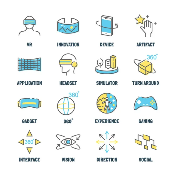 Virtual reality vector line icons with flat colors — Stock Vector