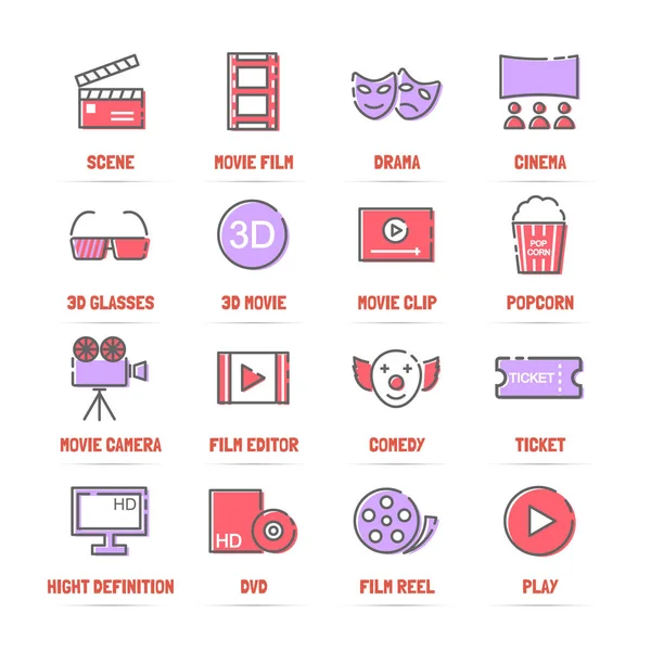 Movie vector line icons with flat colors — Stock Vector