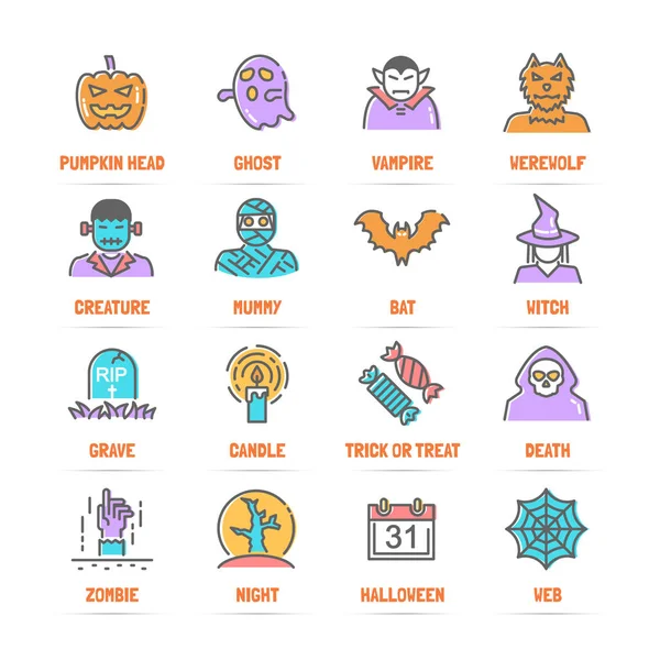 Iconos de línea vectorial de Halloween con colores planos — Vector de stock