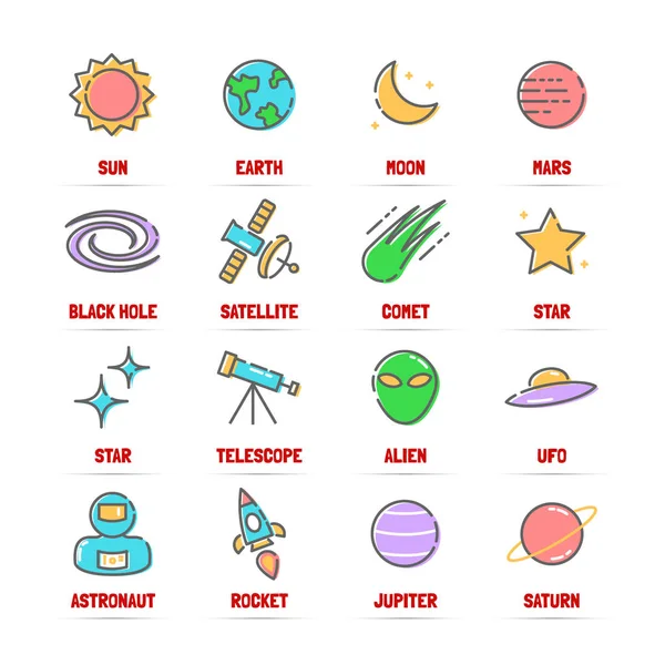Espacio vector línea iconos con colores planos — Vector de stock