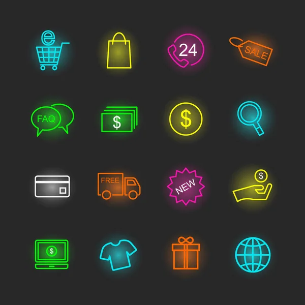 Neon-Icon-Set zum Einkaufen — Stockvektor