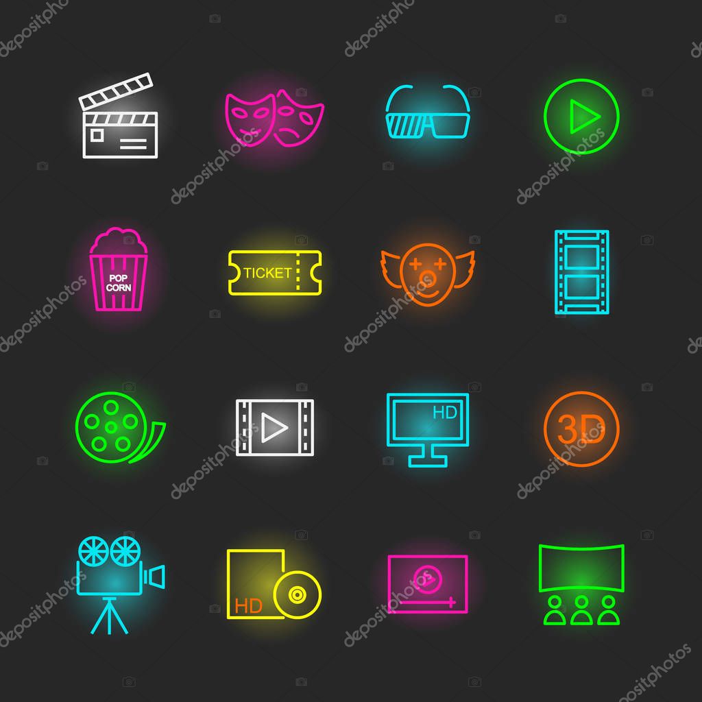 Movie neon icon set, vector design editable stroke
