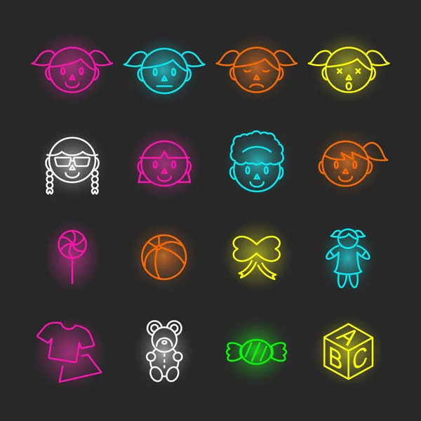 Mädchen Neon Icon Set — Stockvektor