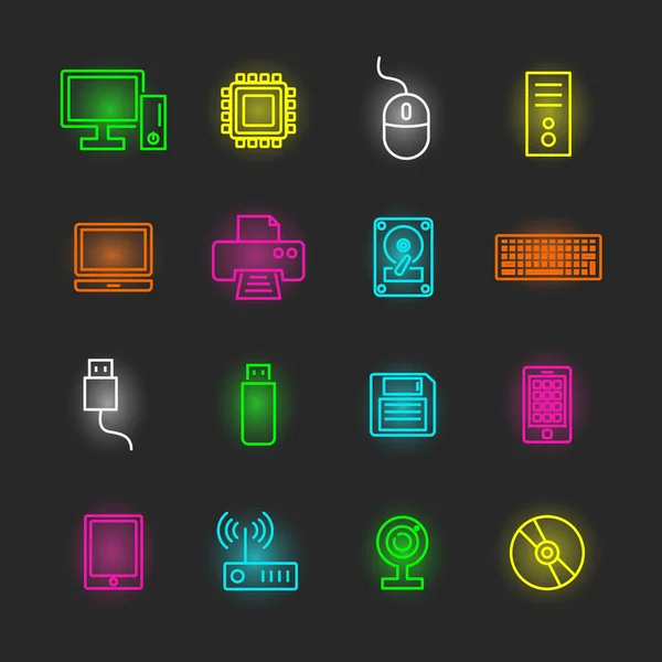 Computador e dispositivo conjunto de ícones de néon — Vetor de Stock