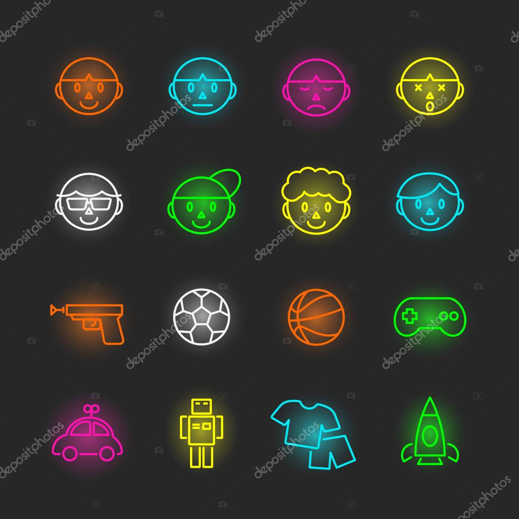 Boy neon icon set, vector design editable stroke