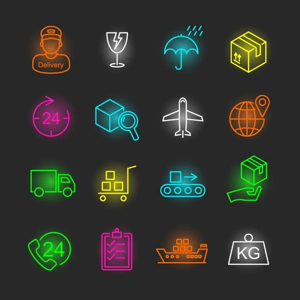 Conjunto de iconos de neón logístico — Vector de stock