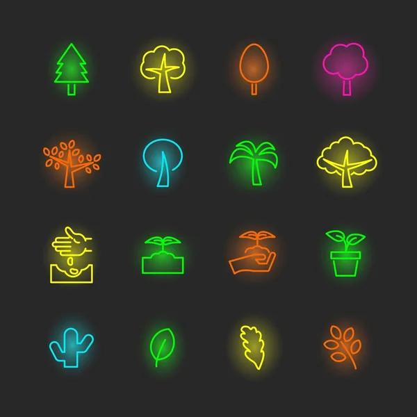 Árvore conjunto ícone de néon — Vetor de Stock