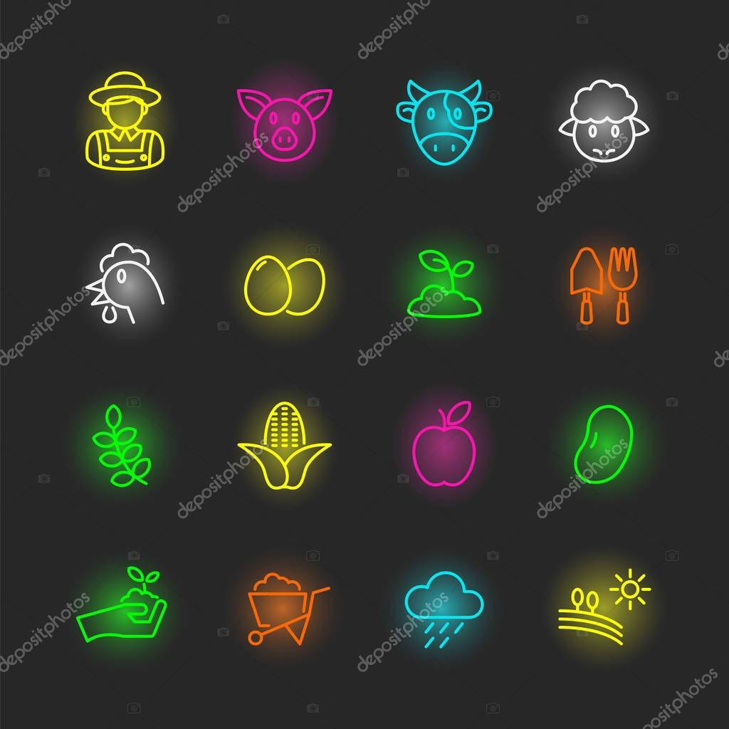 Agriculture neon icon set, vector design editable stroke