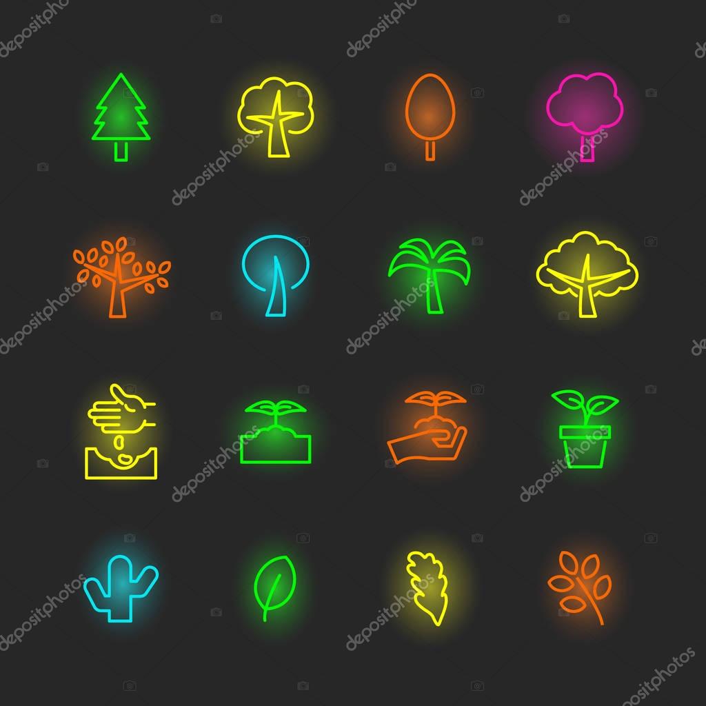 Tree neon icon set, vector design editable stroke
