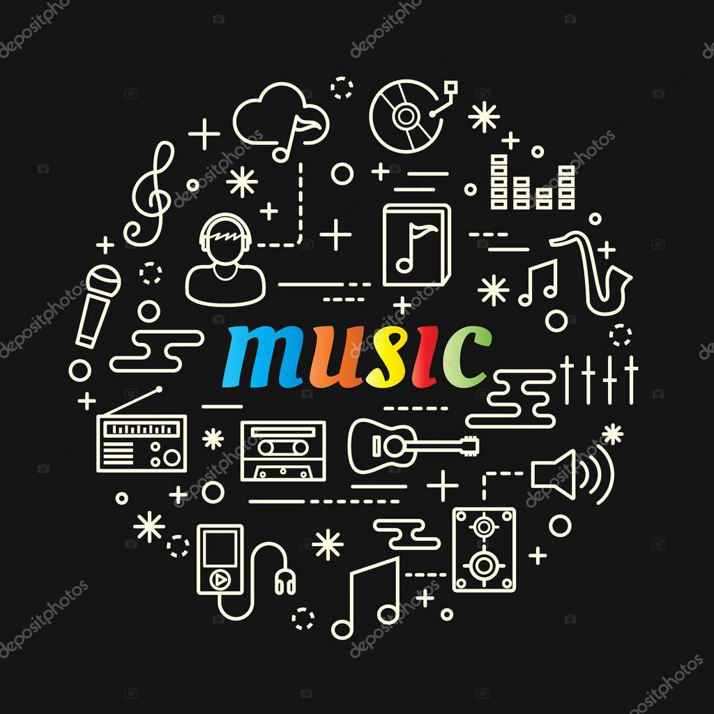 Music colorful gradient with line icons set, vector editable stroke