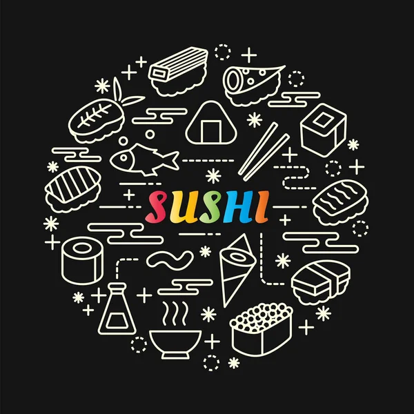 Sushi gradiente colorido com ícones de linha definido — Vetor de Stock