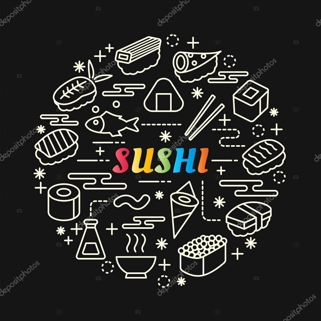 Sushi colorful gradient with line icons set, vector editable stroke