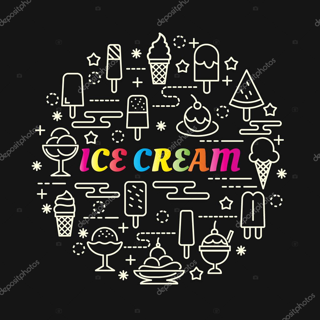 Ice cream colorful gradient with line icons set, vector editable stroke
