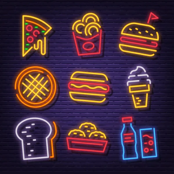 Iconos de letrero de neón de comida rápida — Vector de stock