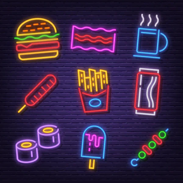 Fast food neon signboard icons — ストックベクタ