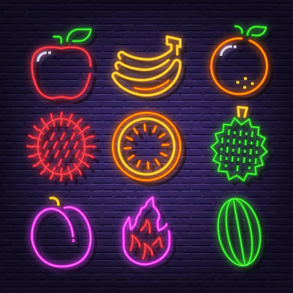 Iconos de letrero de neón de fruta — Vector de stock