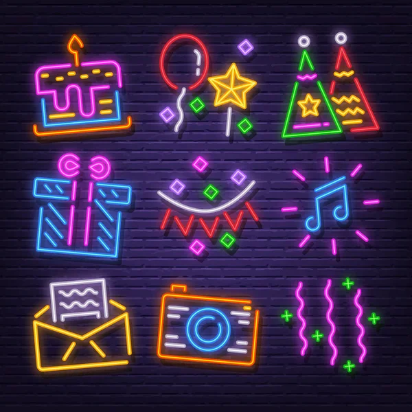 Birthday party neon signboard icons — 스톡 벡터